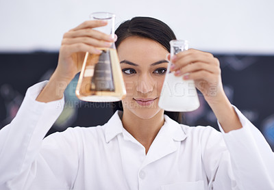 Buy stock photo Woman, laboratory and science beakers for medical experiment for investigation, solution or futuristic. Female person, equipment and liquid for dna research or vaccine breakthrough, cure or chemistry