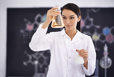 Buy stock photo Woman, laboratory and science experiment with beakers for medical investigation as research, solution or futuristic. Female person, equipment and liquid for dna testing, breakthrough or chemistry