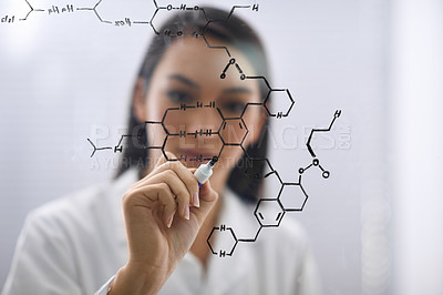 Buy stock photo Board, hand and scientist drawing molecule for chemistry, research or analysis for solution in laboratory. Glass, science and woman writing formula with marker to study structure of atoms closeup