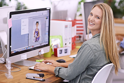 Buy stock photo Woman at desk, computer screen and smile in portrait, editor at fashion magazine. Young professional female, image editing software for publication with creativity and editorial career with design