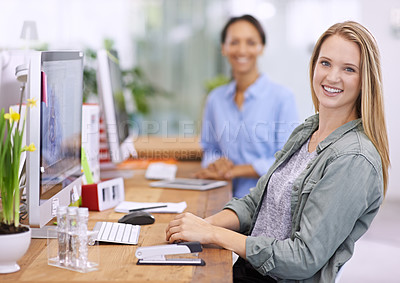 Buy stock photo Portrait, woman or computer in business, startup or office as new employee for digital search work. Happy, gen z female or desktop pc as working, technology or online on professional job pride