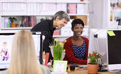 Buy stock photo Mentor, women or computer in business, diversity or discussion to exchange project ideas in office. Businesswomen, desktop pc or talk in support, training or communication to solve questions online