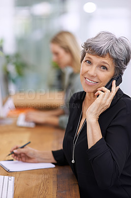 Buy stock photo Portrait, phone call and mature manager writing notes, talking or coworking in office. Face, happy woman and ceo on cellphone with book for information, business or consultant in conversation at desk