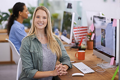 Buy stock photo Portrait, happy and business woman by computer in office, closeup and professional for connectivity by desk. Graphics designer, smile and face by desktop for digital editing and creative at workplace