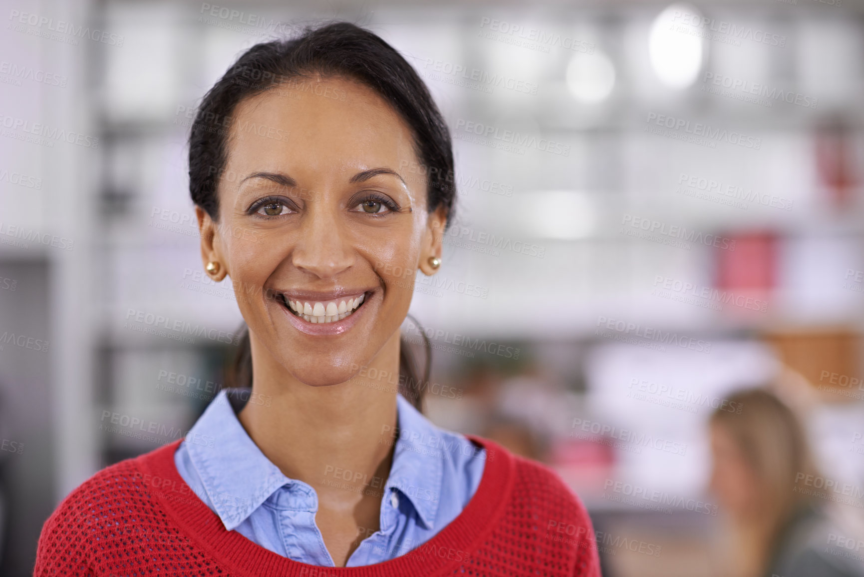 Buy stock photo Portrait, happy and business woman in closeup in office and professional designer in creative career. Lady, smile and face with confidence in job at workplace, trust and ambition in fashion industry