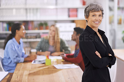 Buy stock photo Portrait, mature and business woman with confidence in office, arms crossed and professional with ambition. Hr manager, smile face and pride for diversity in teamwork and collaboration in workplace