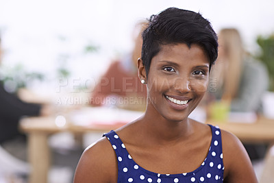 Buy stock photo Portrait, smile and indian business woman in office in closeup and professional for ambition in career. Editor, happy and face for job satisfaction in writing and creative person for news company