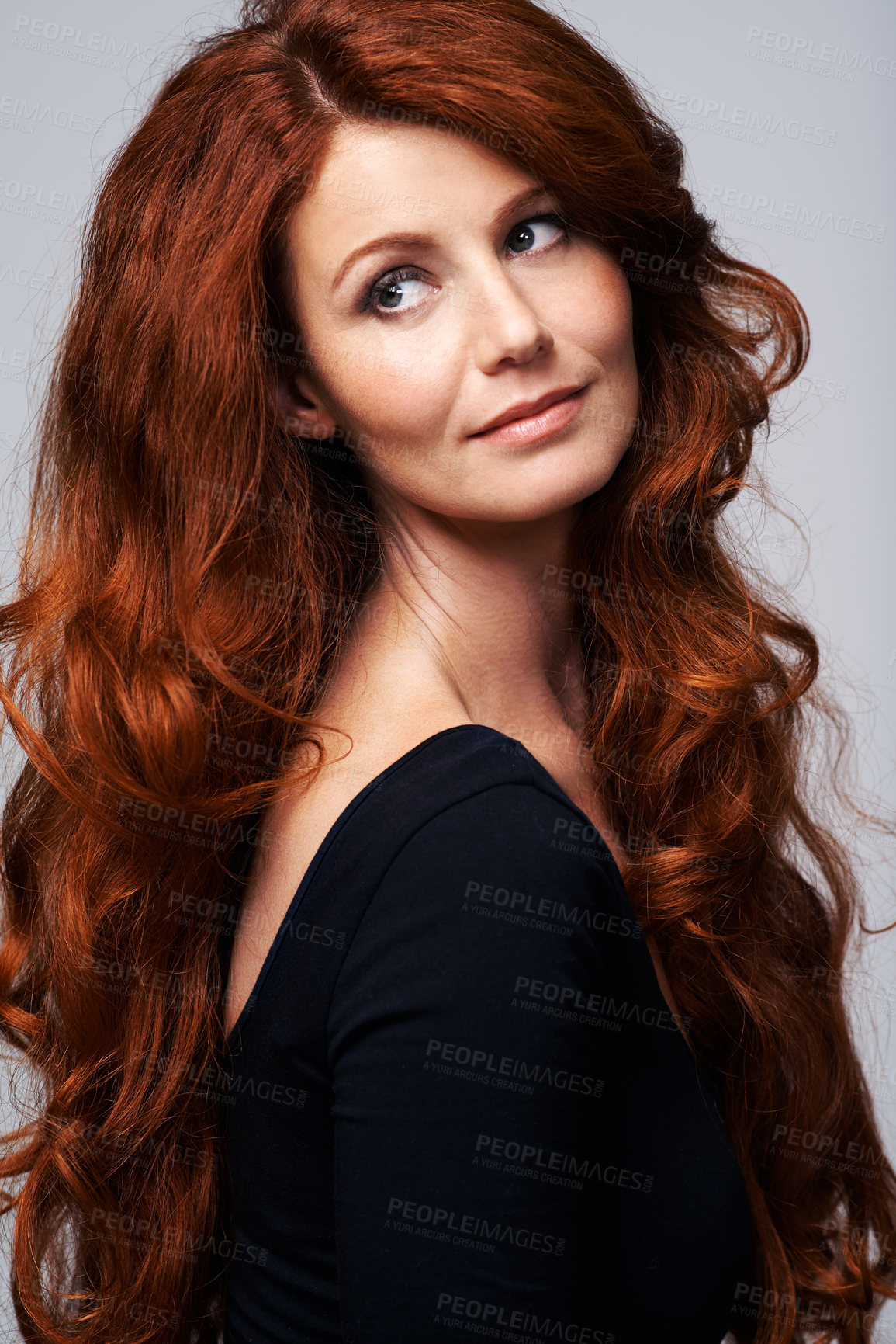 Buy stock photo Red hair, beauty and face of woman in studio for keratin treatment, wellness and haircare on white background. Salon, hairdresser and ginger female model with shine, healthy and natural hairstyle