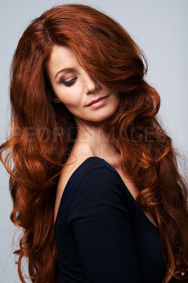 Buy stock photo Red head, hair and woman in studio with beauty for keratin treatment, wellness and haircare on white background. Salon, hairdresser and female model with texture shine, healthy and natural hairstyle