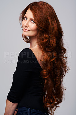 Buy stock photo Red head, hair care and portrait of woman for wellness, keratin treatment and haircare on white background. Beauty salon, hairdresser and ginger female model with shine, healthy and natural hairstyle