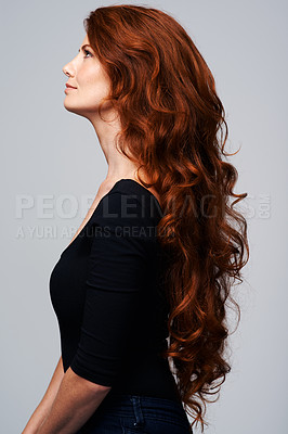Buy stock photo Hair, woman and studio shine for growth treatment, keratin and highlights in hairstyle. Happy female person, redhead and collagen wellness, natural beauty on model and isolated white background 
