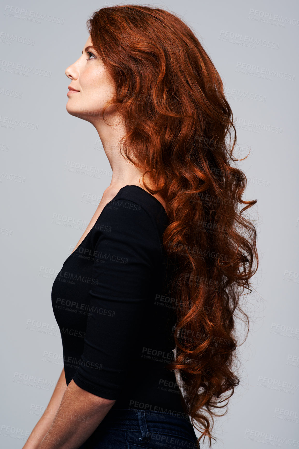 Buy stock photo Hair, woman and studio shine for growth treatment, keratin and highlights in hairstyle. Happy female person, redhead and collagen wellness, natural beauty on model and isolated white background 