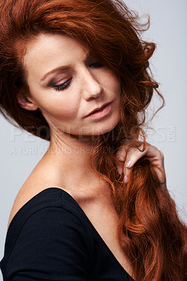 Buy stock photo Face, beauty and hair with redhead woman in studio isolated on white background for natural wellness. Skincare, shampoo and cosmetics with confident model at spa for keratin haircare treatment