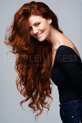 Buy stock photo Hair care, portrait of happy red head woman and wellness in  background. Beauty salon or hairstyle, cosmetic treatment and female model with natural shine in studio backdrop to promote self love