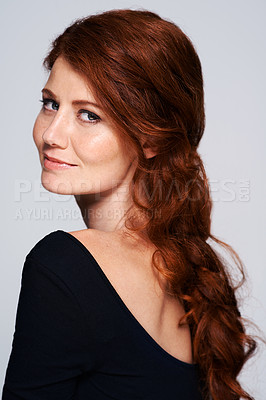 Buy stock photo Ginger, hairstyle and portrait of woman in studio for salon, hair care and cosmetology. Smile, red head and stylist with female model isolated on white background for haircut, makeup and cosmetics