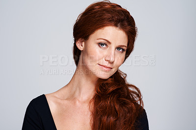 Buy stock photo Portrait, beauty and hair with woman in studio isolated on white background for natural wellness. Face, salon and skincare confident red head model at spa for keratin or dermatology treatment