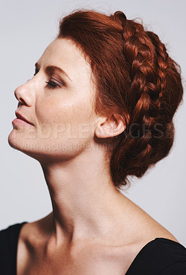 Buy stock photo Face, beauty and haircare with profile of relax woman, studio and isolated on white background. Keratin, wellness and braid for redhead female model, salon and cosmetic treatment for healthy hair 