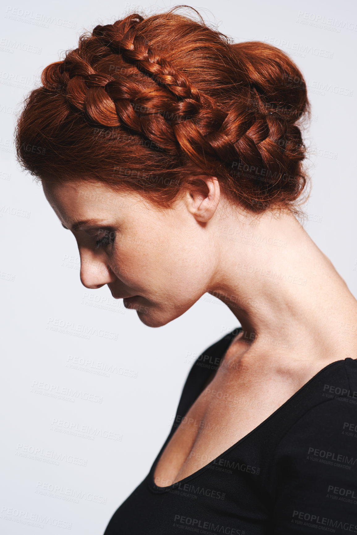 Buy stock photo Face, beauty and haircare with plait of woman person, studio and isolated on white background. Profile, hairstyle and braid for redhead female model, salon and cosmetic treatment for healthy hair