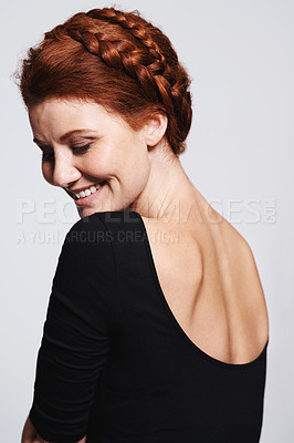 Buy stock photo Smile, beauty and haircare with plait for woman person, studio and isolated on white background. Ginger, braid and redhead female model, over shoulder or cosmetic treatment for healthy hair aesthetic