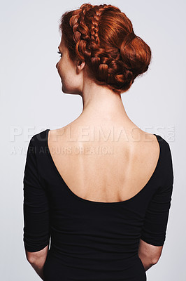 Buy stock photo Back view of woman, hair and braid hairstyle for beauty, elegant redhead with glamour and cosmetology on white background. Haircare, luxury or regal, Irish model with plait or twist for cosmetic care