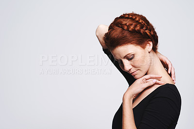 Buy stock photo Woman, hair and braid crown for beauty, elegant hairstyle for glamour and redhead on white background. Haircare, shine and texture in studio with luxury and plait, cosmetic care and mockup space