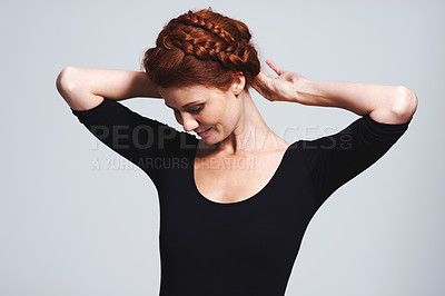 Buy stock photo Woman, hair and braid crown for beauty in studio, elegant hairstyle for glamour and redhead on white background. Haircare, shine and texture with model fixing plait, cosmetic care and wellness