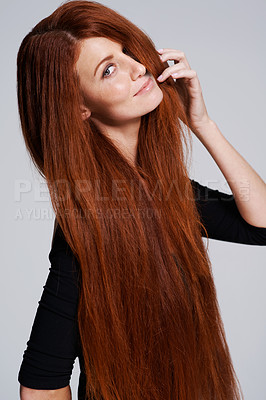 Buy stock photo Red hair, beauty and portrait of woman in studio for keratin treatment, wellness and haircare on white background. Salon, hairdresser and ginger female model with shine, healthy and natural hairstyle