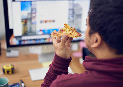 Buy stock photo Businessman, eating and lunch with computer screen in office with rear view and pizza break for working on deadline.  Programmer, employee and back with fast food, coding display or hungry at desk 
