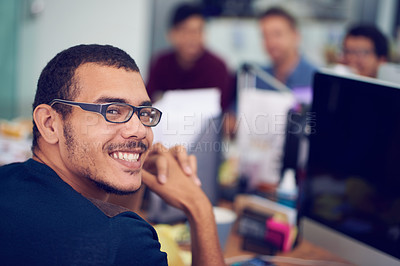 Buy stock photo Man, portrait and computer as programmer in office for software development, information technology or game design. Male person, glasses and face at desk for digital browsing, networking or website