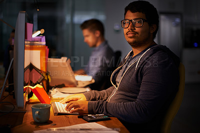 Buy stock photo Portrait, male programmer and late night with computer, deadline and online worker. Dark, person or digital internet specialist in evening for work, office and tech expert or coding in workplace