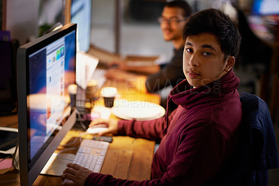 Buy stock photo Night, office and portrait of man with computer for online work as programmer or software developer for company. Male person, serious and technology for cloud engineer for websites and app designs.