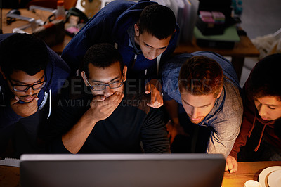 Buy stock photo Group, surprise and friends with computer, internet and emotions with reaction and expression. People, men and gamers with pc and shocked with online news and night with cooperation and omg with wow