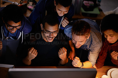 Buy stock photo Friend, men and cheering for game on screen, cyber sport and achievement or celebration in room. Happy, social with people in night for victory, excitement with diversity group and technology