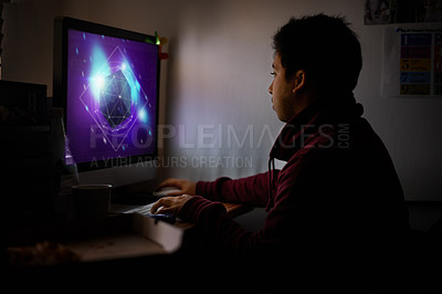 Buy stock photo Night, gamer and man with computer, geek and typing with esports and graphic designer with nerd and dark room. Person, home and guy with pc or online competition with tech or rpg player with internet