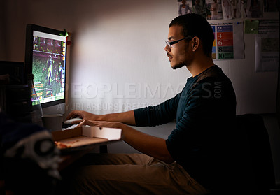 Buy stock photo Night, gamer or man with computer, tech or typing with esports or programmer with nerd or geek. Person, home or guy with pc or online competition with dark room or rpg player with network or internet