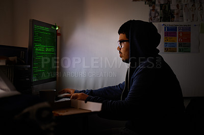 Buy stock photo Programming, computer and man with hacker, night or cyber security with online database, malware or password phising. Person, IT programmer or ransomware developer with pc or website server with code