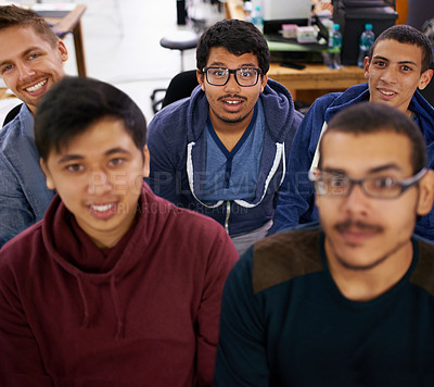 Buy stock photo Group, surprise and portrait of men together watching sports match in university library. Fans, diversity and young male students streaming a football game together with shock in college dorm.