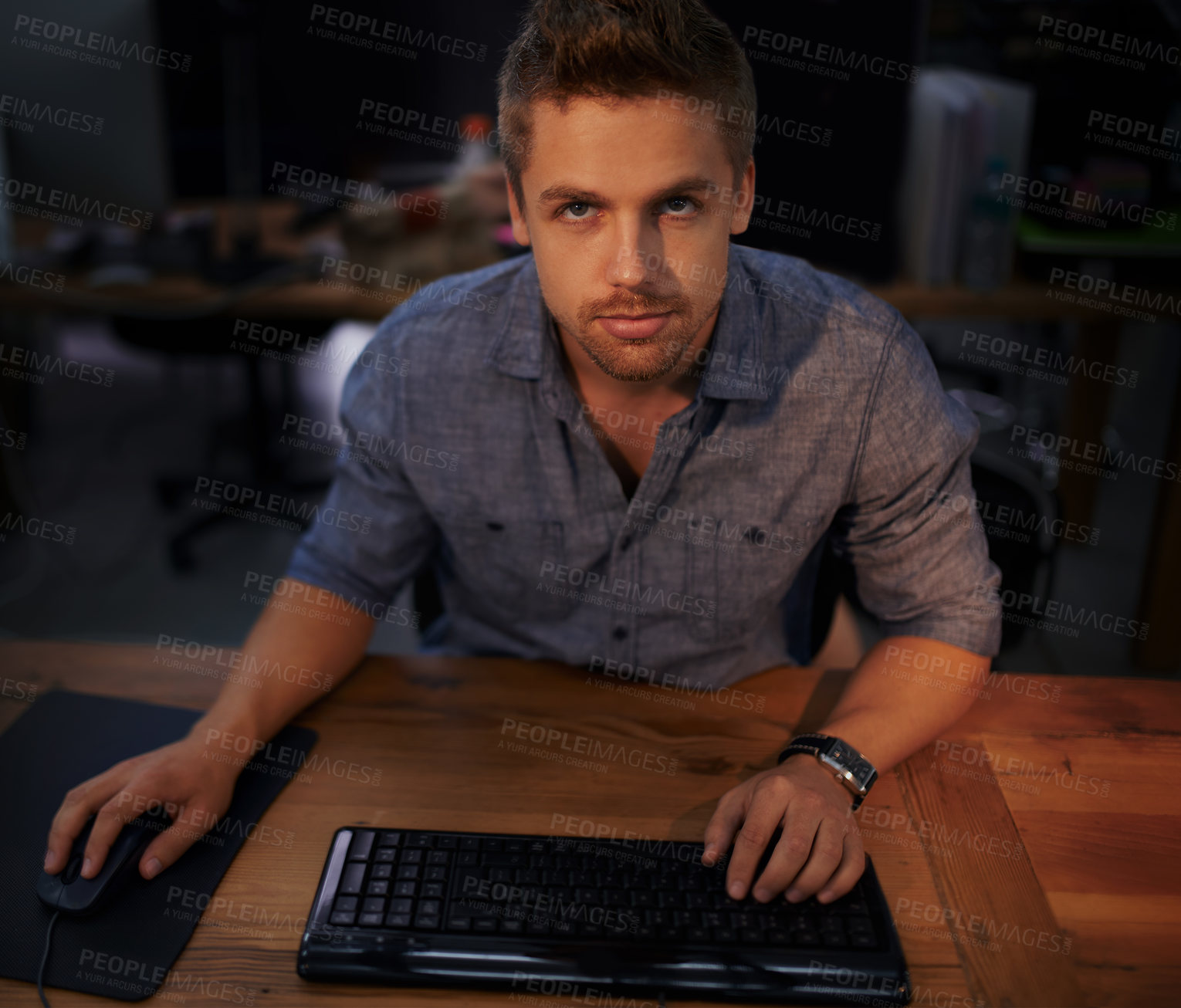 Buy stock photo Man, face and keyboard for code, programmer and information technology with video game or software development. Internet, computer programming and network, gamer or developer for cyber security