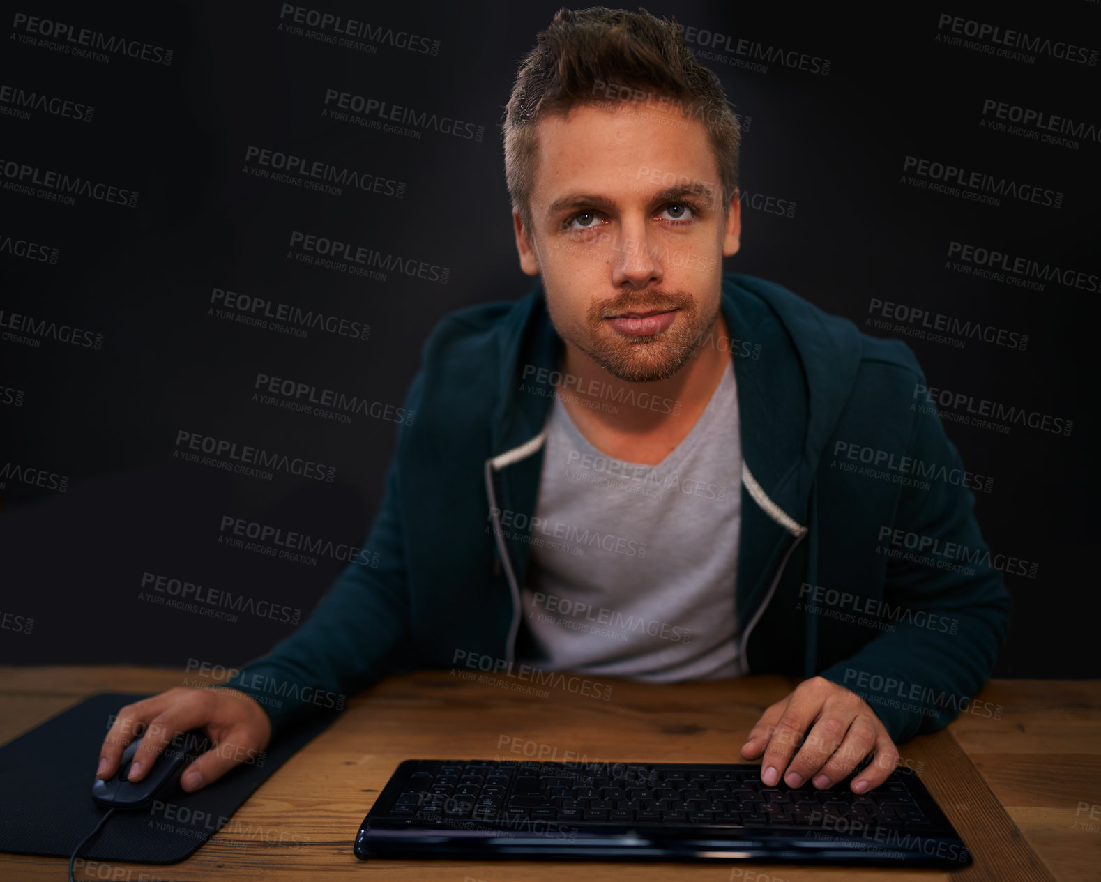 Buy stock photo Man, keyboard for code and programmer typing, information technology with video game or software development. Internet, computer programming and face with gamer or developer for cyber security