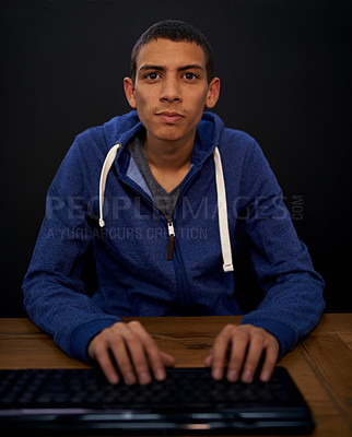 Buy stock photo Student, portrait and man typing on keyboard, working on assignment for university. Studying, programming and educational development in home, elearning on technology and pov for focused male person