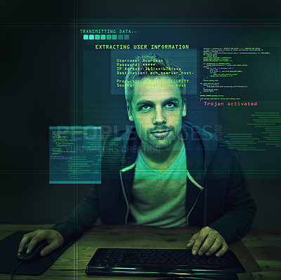 Buy stock photo Hologram, man and programmer with typing, night and cyber security or thinking with malware. Person, hacker or guy with keyboard or dark room with server or holographic with system update or software
