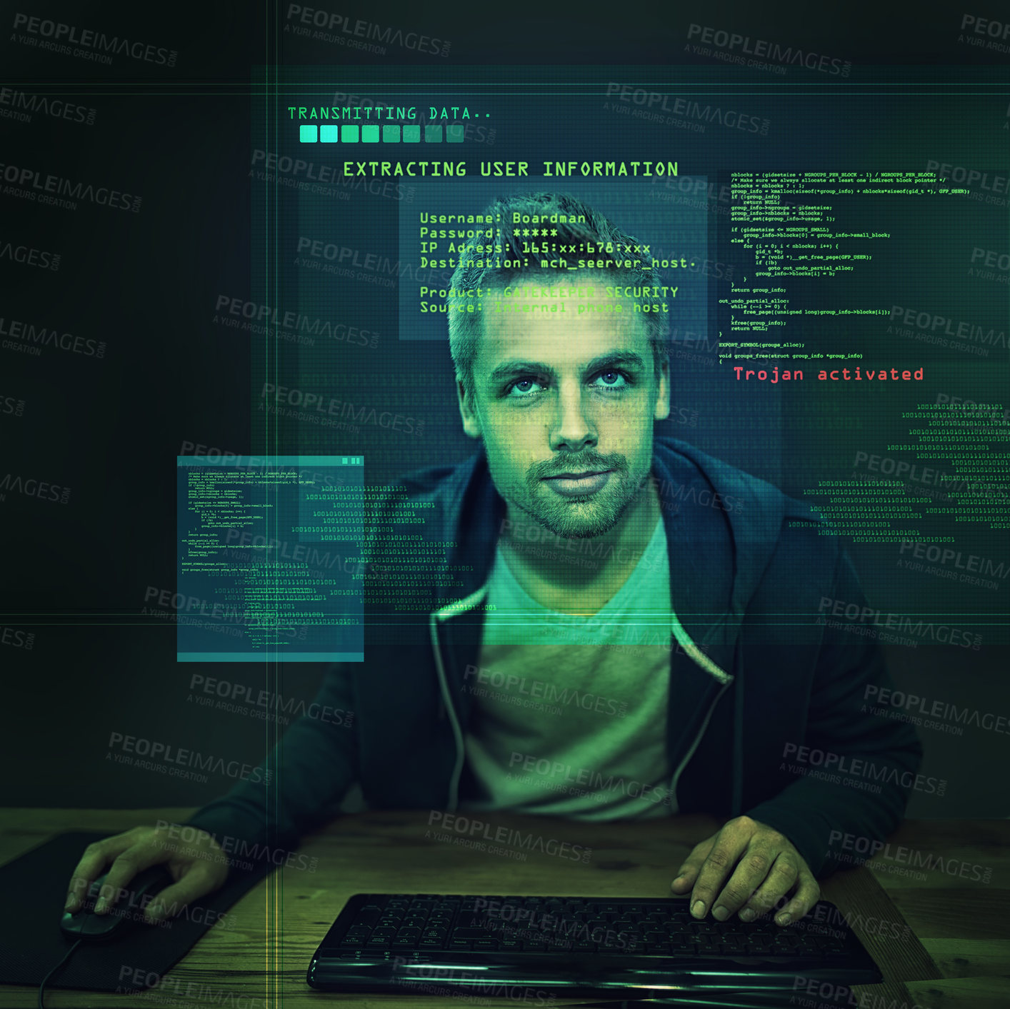Buy stock photo Hologram, man and programmer with typing, night and cyber security or thinking with malware. Person, hacker or guy with keyboard or dark room with server or holographic with system update or software