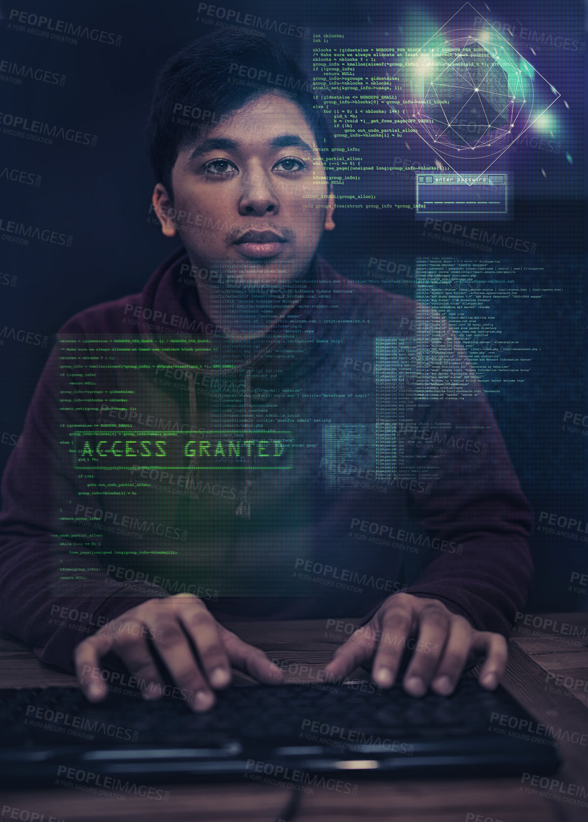 Buy stock photo Hologram, programmer and man coding for cybersecurity in database with information technology. Overlay, staff and male person as employee for IT company, dashboard and adult online with internet 