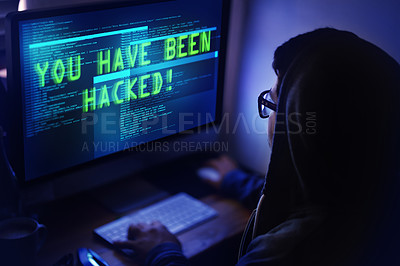 Buy stock photo Boy, night and computer screen with hacked software or virus, cybersecurity and fail of code for server. Male person, information technology and high tech system error database and cyber crime.