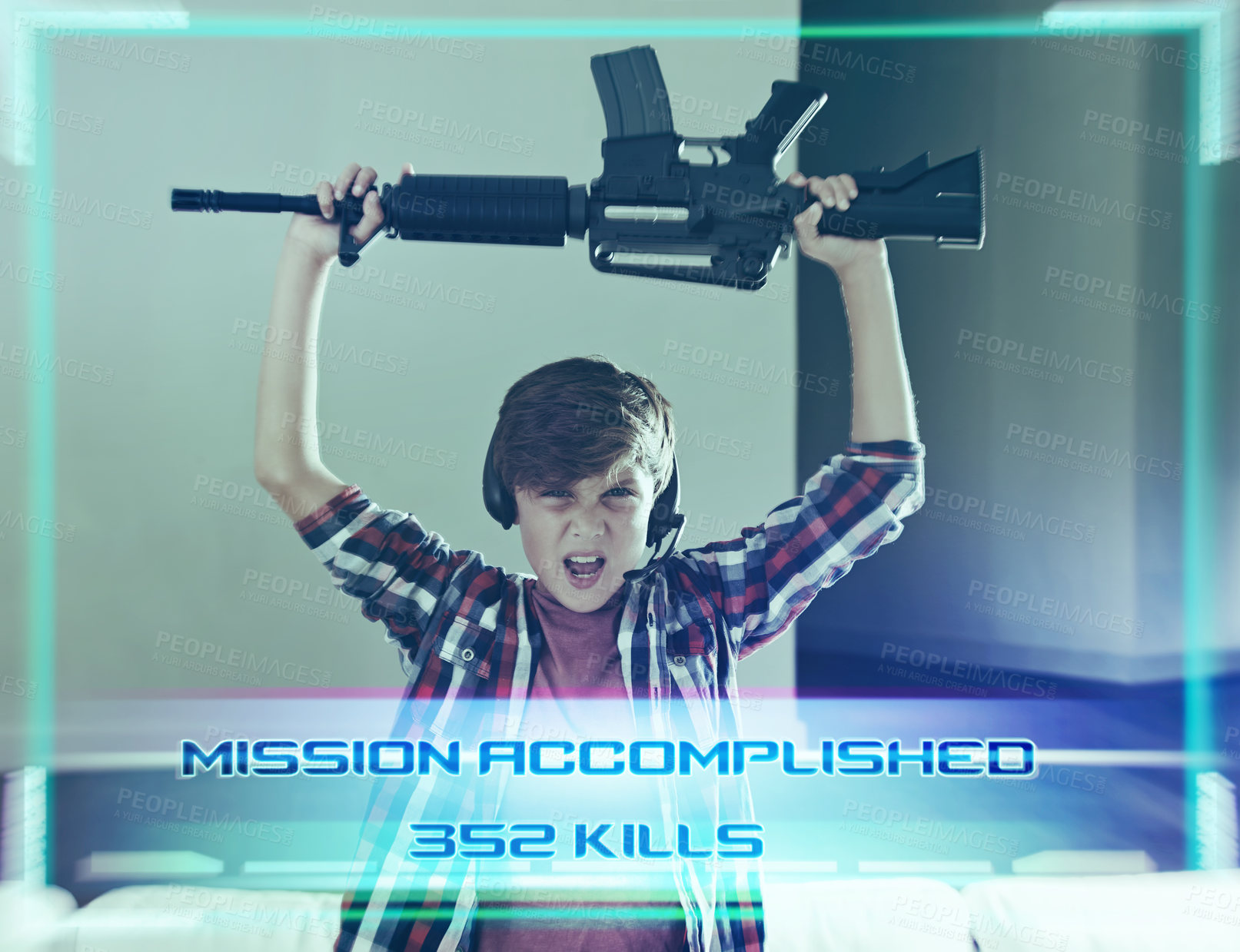 Buy stock photo Happy, kid and playing with gun in game or winner of esports competition with overlay of mission success. Gaming, graphic or child gamer in celebration of winning contest or achievement of challenge