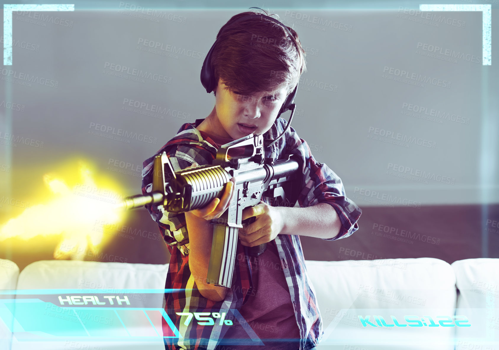 Buy stock photo Shot of a young boy playing violent video games