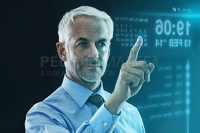 Buy stock photo Businessman, finger and digital interface with calendar or futuristic schedule with technology, overlay or 3d. Male person, hand and software as online planning or communication, hologram or reminder