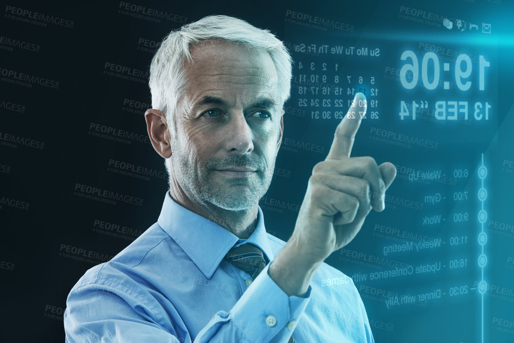 Buy stock photo Businessman, finger and digital interface with calendar or futuristic schedule with technology, overlay or 3d. Male person, hand and software as online planning or communication, hologram or reminder