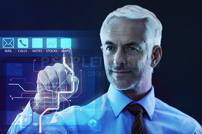 Buy stock photo Businessman, hand and digital interface for map technology for location or directions, security or hologram. Male person, fingers and 3d overlay for innovation or tracking, internet or futuristic
