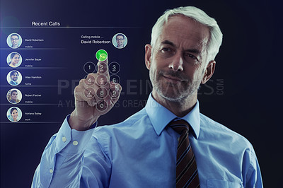 Buy stock photo Digital interface, call and businessman in studio choosing a number for communication. Technology, innovation and professional senior male person with keypad overlay by dark black background.